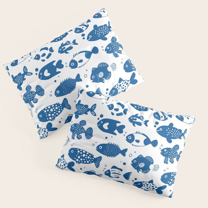 Blue Fish Pattern Minimal Coastal Ocean Pillow Sham Gallery Image 1