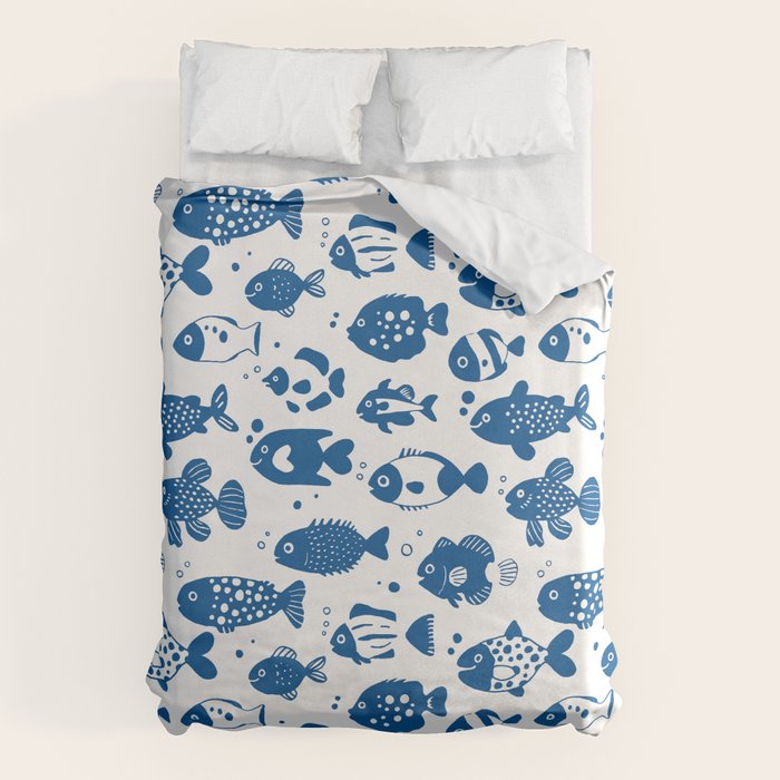 Blue Fish Pattern Minimal Coastal Ocean Duvet Cover Gallery Image 1