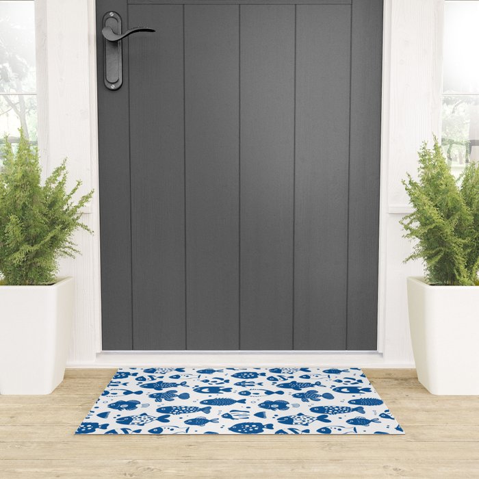 Blue Fish Pattern Minimal Coastal Ocean Welcome Mat Gallery Image 3