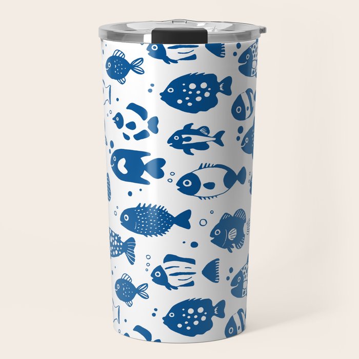 Blue Fish Pattern Minimal Coastal Ocean Travel Mug Gallery Image 1