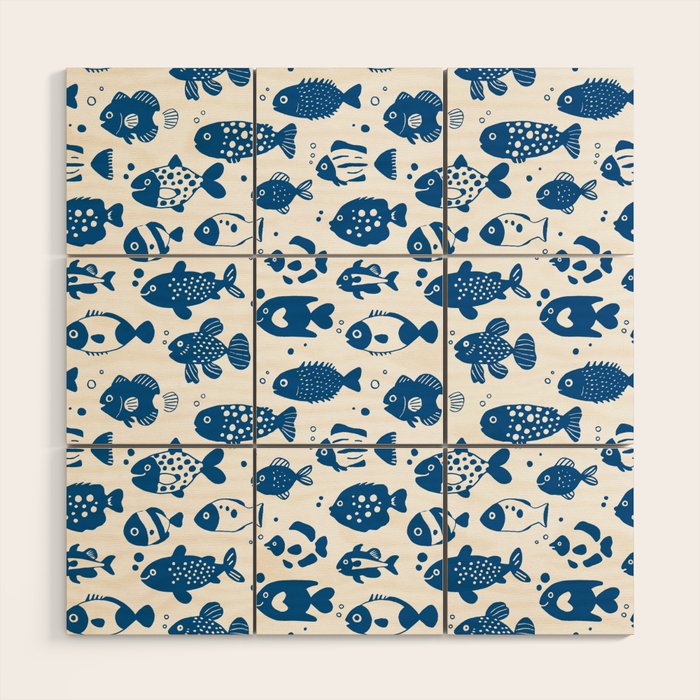 Blue Fish Pattern Minimal Coastal Ocean Wood Wall Art Gallery Image 1