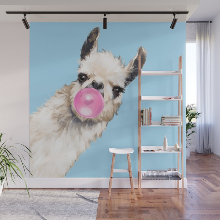 Bubble Gum Sneaky Llama in Blue Wall Mural Gallery Image 1