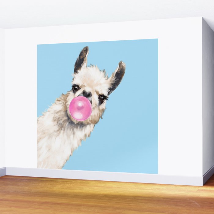 Bubble Gum Sneaky Llama in Blue Wall Mural Gallery Image 2