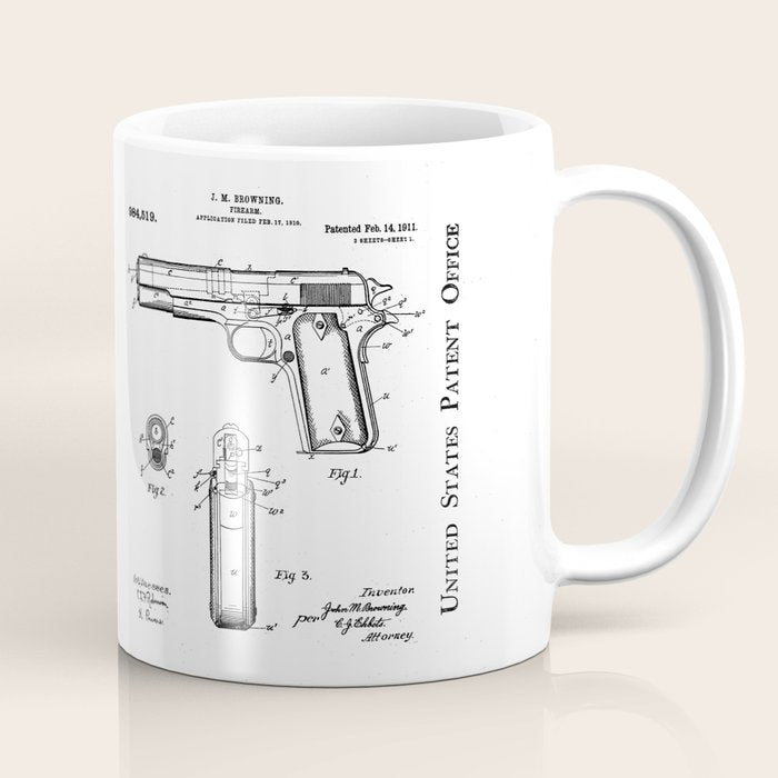 Colt Pistol Patent - Browning 1911 Colt Art - Antique Coffee Mug Gallery Image 1