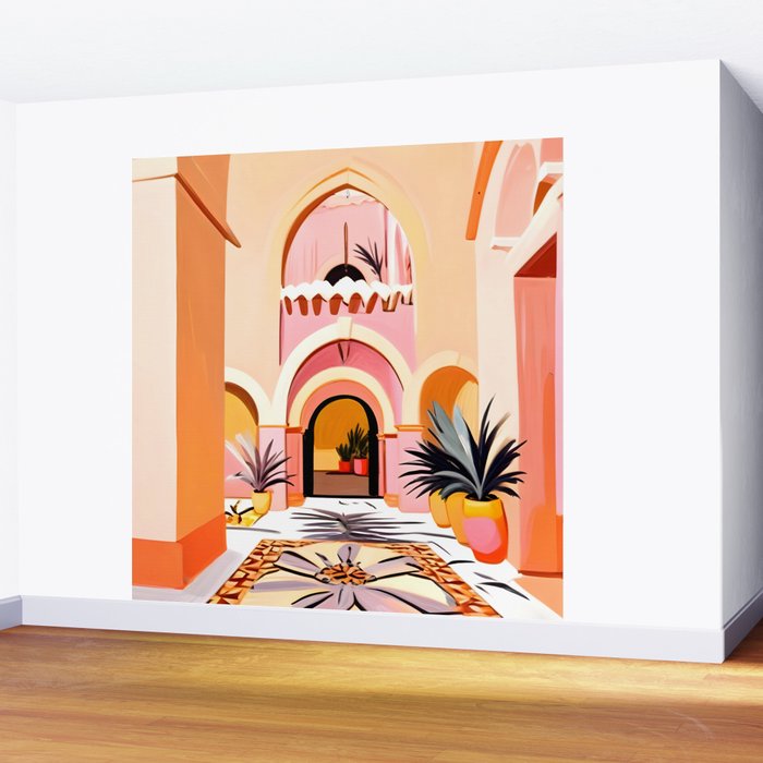 The Courtyard, Architecture Pastel Buildings, Turkish Tropical Nature City, Bohemian Eclectic Painting Illustration Wall Mural Gallery Image 2