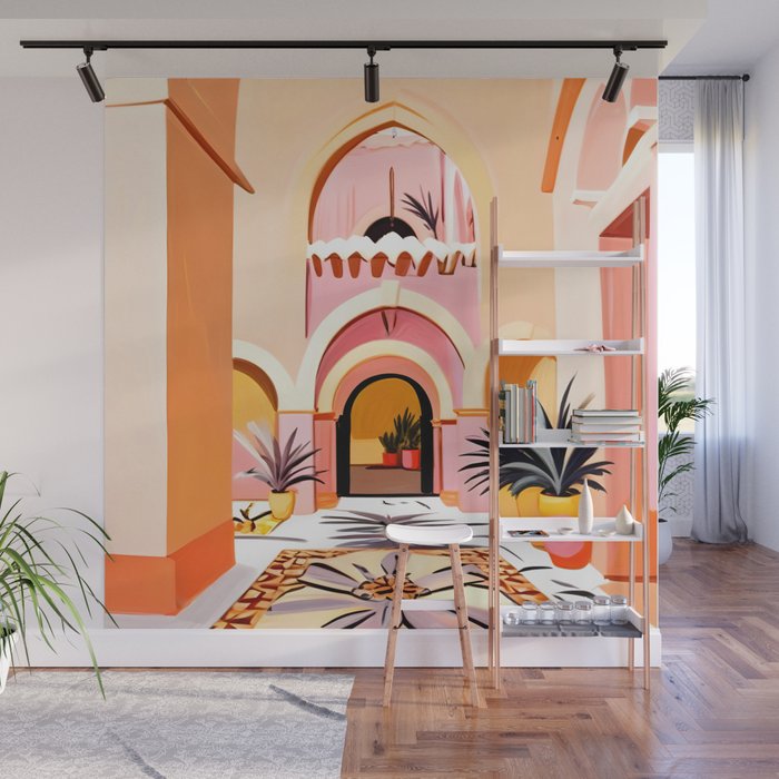 The Courtyard, Architecture Pastel Buildings, Turkish Tropical Nature City, Bohemian Eclectic Painting Illustration Wall Mural Gallery Image 1