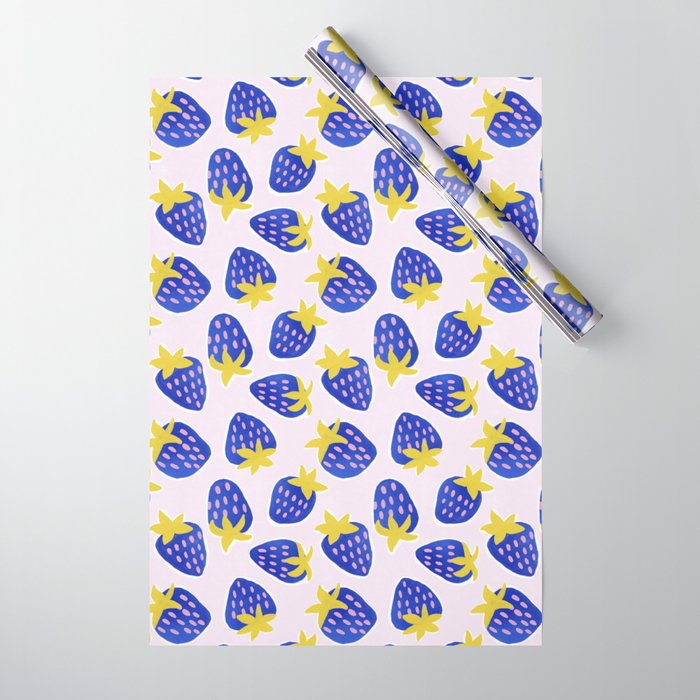 Vibrant Blue Strawberry Pattern Wrapping Paper Gallery Image 1