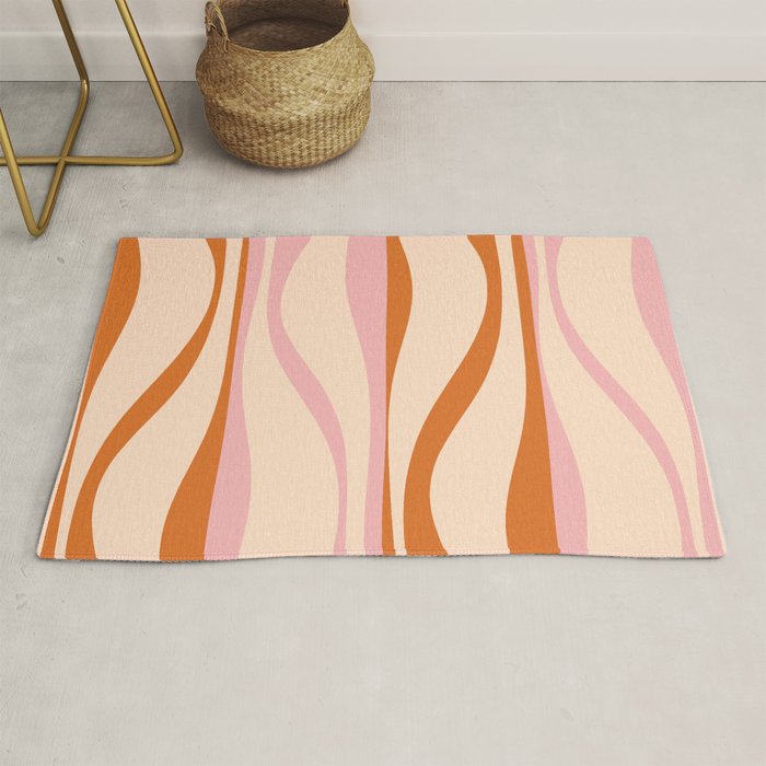 Mid Century Modern Retro Lounge Striped Ogee Pattern Orange Pink Cream Rug Gallery Image 1