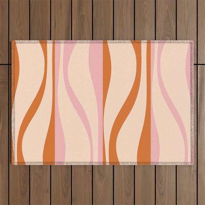 Mid Century Modern Retro Lounge Striped Ogee Pattern Orange Pink Cream Outdoor Rug Gallery Image 1