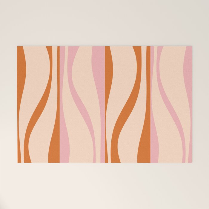 Mid Century Modern Retro Lounge Striped Ogee Pattern Orange Pink Cream Welcome Mat Gallery Image 1
