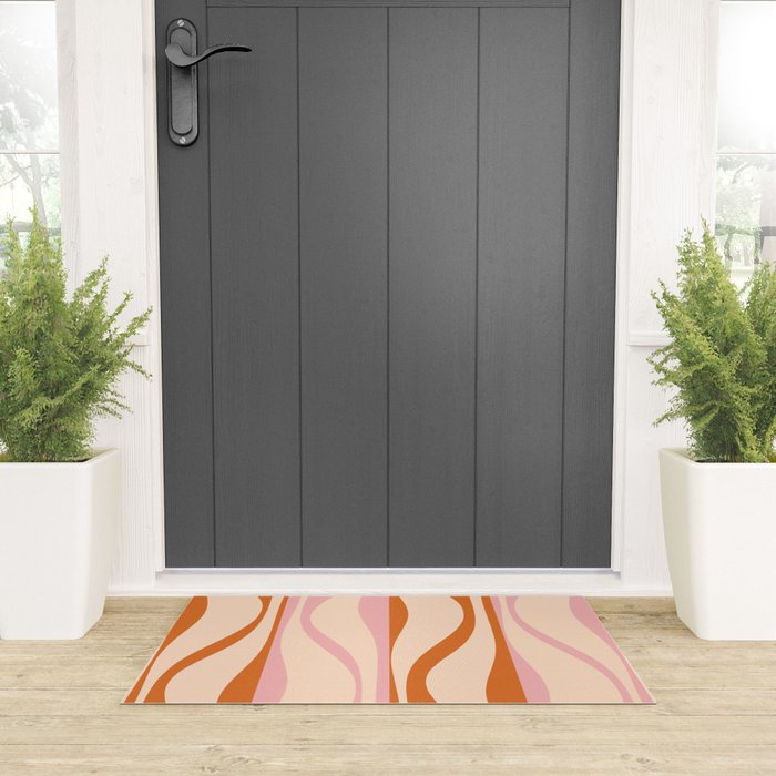 Mid Century Modern Retro Lounge Striped Ogee Pattern Orange Pink Cream Welcome Mat Gallery Image 3