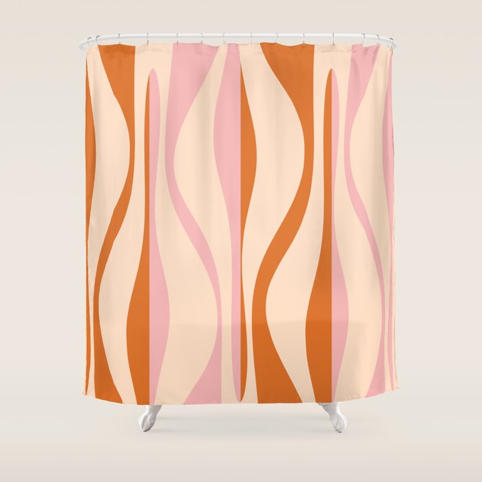 Mid Century Modern Retro Lounge Striped Ogee Pattern Orange Pink Cream Shower Curtain Gallery Image 1