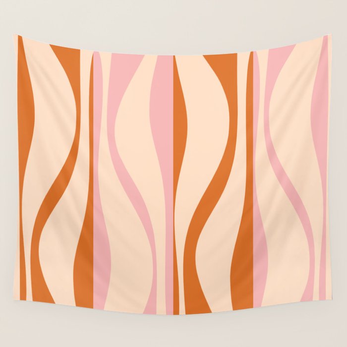 Mid Century Modern Retro Lounge Striped Ogee Pattern Orange Pink Cream Wall Tapestry Gallery Image 4