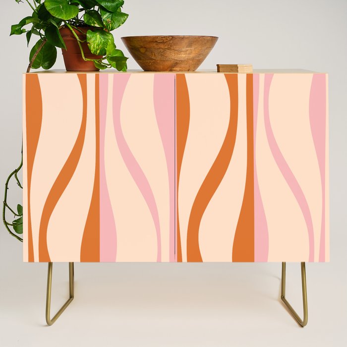 Mid Century Modern Retro Lounge Striped Ogee Pattern Orange Pink Cream Credenza Gallery Image 1