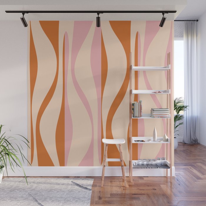 Mid Century Modern Retro Lounge Striped Ogee Pattern Orange Pink Cream Wall Mural Gallery Image 1