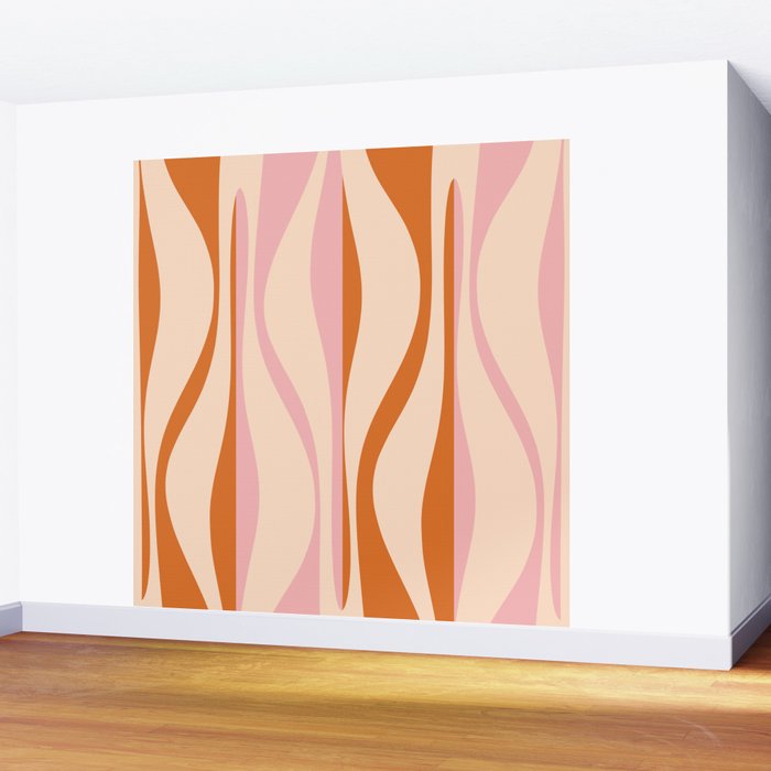 Mid Century Modern Retro Lounge Striped Ogee Pattern Orange Pink Cream Wall Mural Gallery Image 2