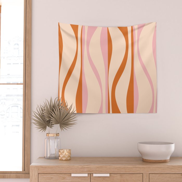Mid Century Modern Retro Lounge Striped Ogee Pattern Orange Pink Cream Wall Tapestry Gallery Image 2