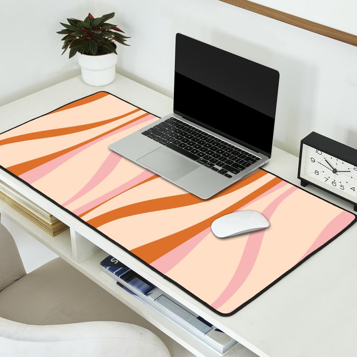 Mid Century Modern Retro Lounge Striped Ogee Pattern Orange Pink Cream Desk Mat Gallery Image 2