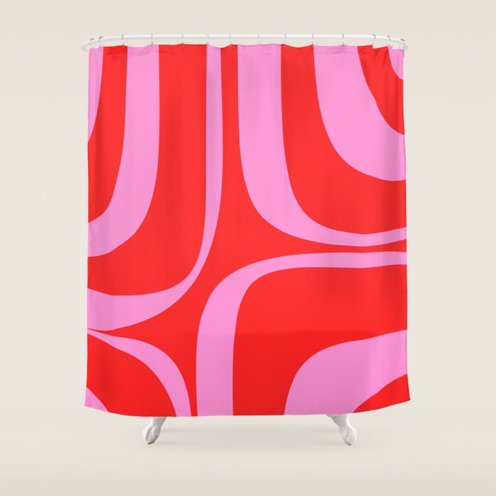 Preppy Pink and Red Retro Groove Abstract Pattern Shower Curtain Gallery Image 1