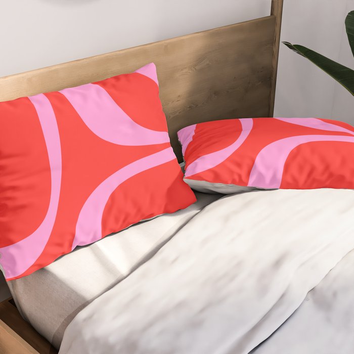 Preppy Pink and Red Retro Groove Abstract Pattern Pillow Sham Gallery Image 2