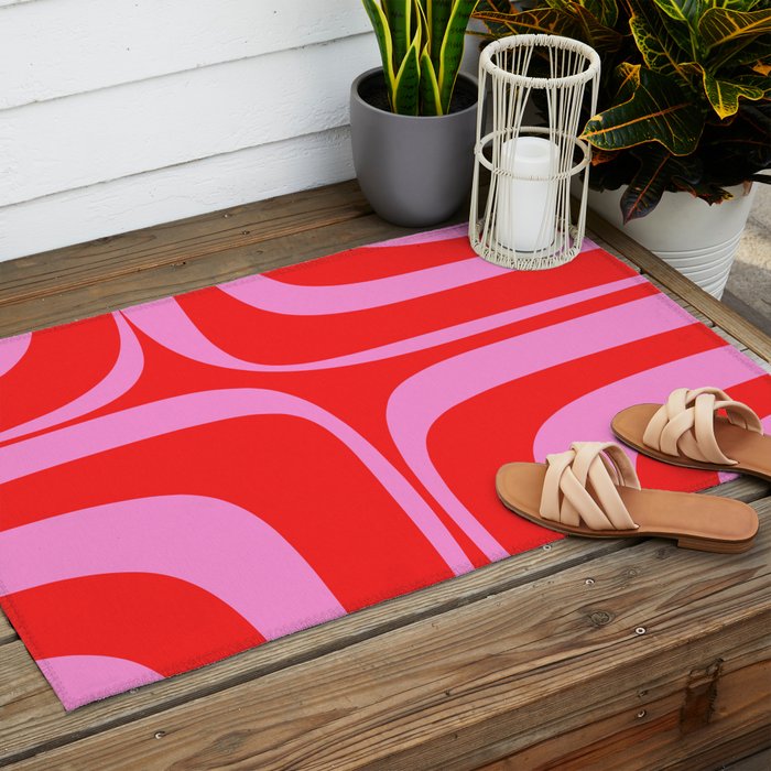 Preppy Pink and Red Retro Groove Abstract Pattern Outdoor Rug Gallery Image 2
