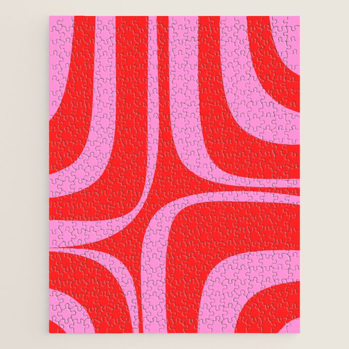 Preppy Pink and Red Retro Groove Abstract Pattern Jigsaw Puzzle Gallery Image 1