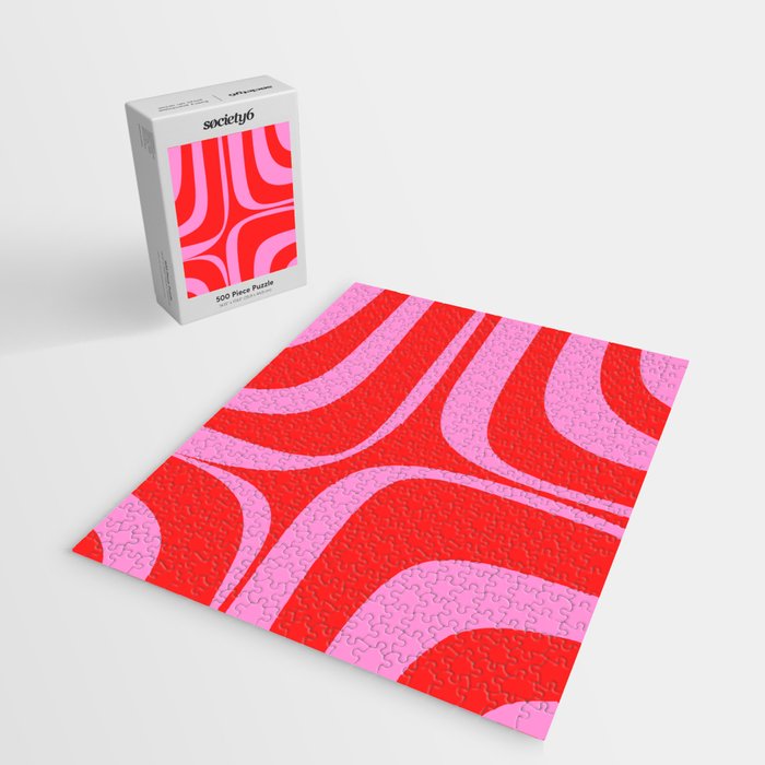 Preppy Pink and Red Retro Groove Abstract Pattern Jigsaw Puzzle Gallery Image 2