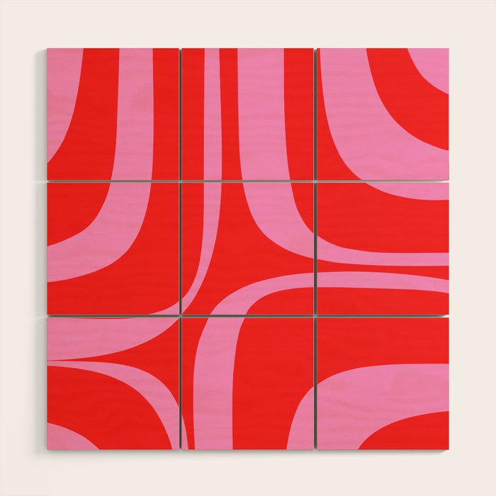 Preppy Pink and Red Retro Groove Abstract Pattern Wood Wall Art Gallery Image 1