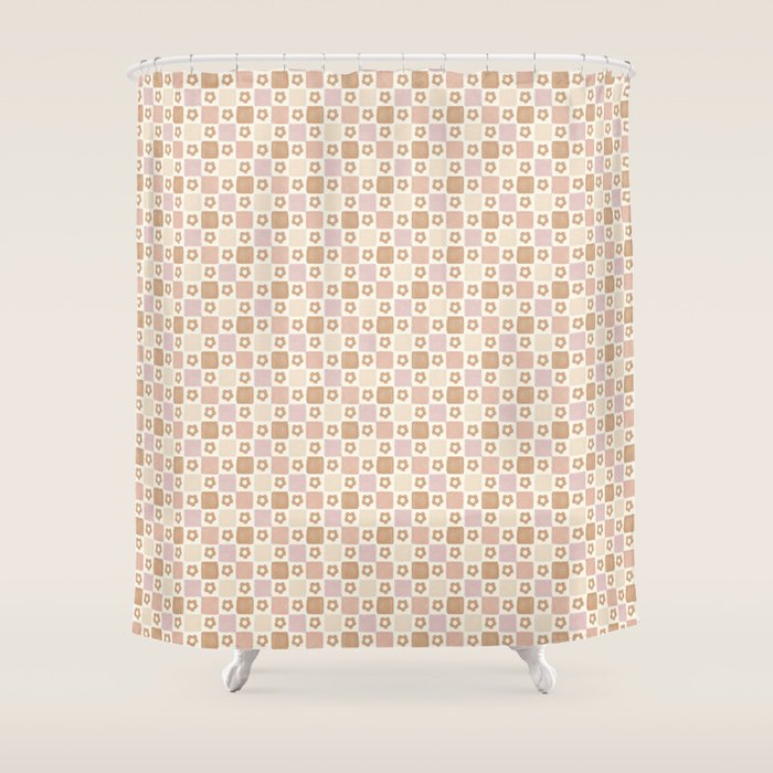 Checkered Floral - Pink Brown Beige Shower Curtain Gallery Image 1