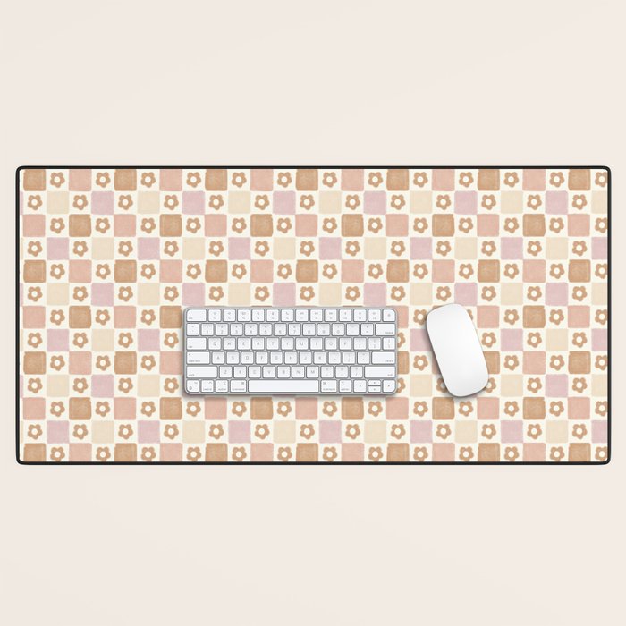 Checkered Floral - Pink Brown Beige Desk Mat Gallery Image 1