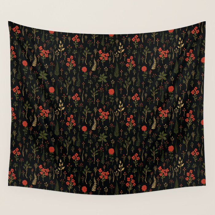 Green, Red-Orange, and Black Floral/Botanical Print Wall Tapestry Gallery Image 4
