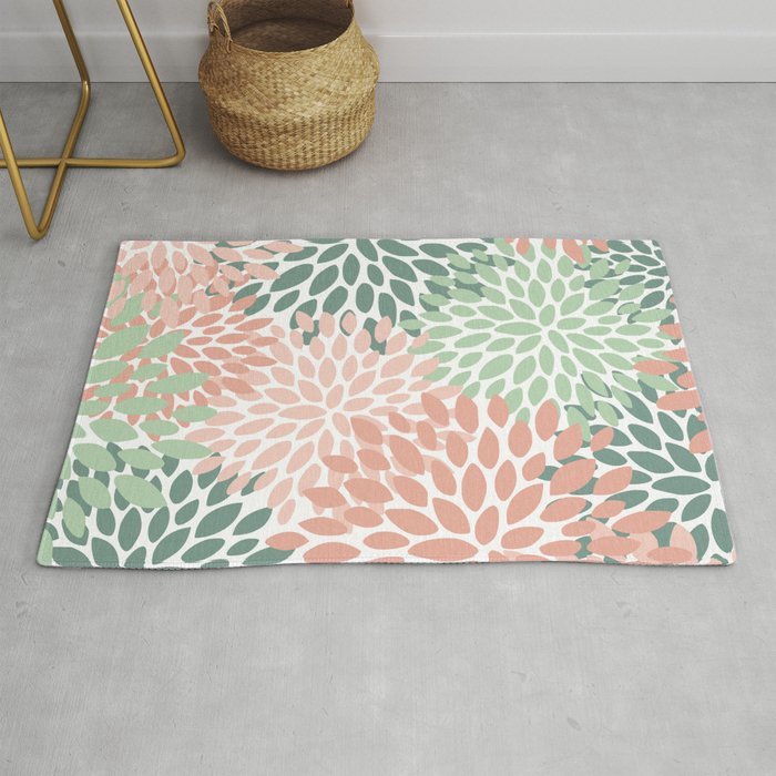 Festive, Abstract Floral Prints, Coral and Green Rug Gallery Image 1