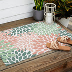 Festive, Abstract Floral Prints, Coral and Green Outdoor Rug Gallery Image 2