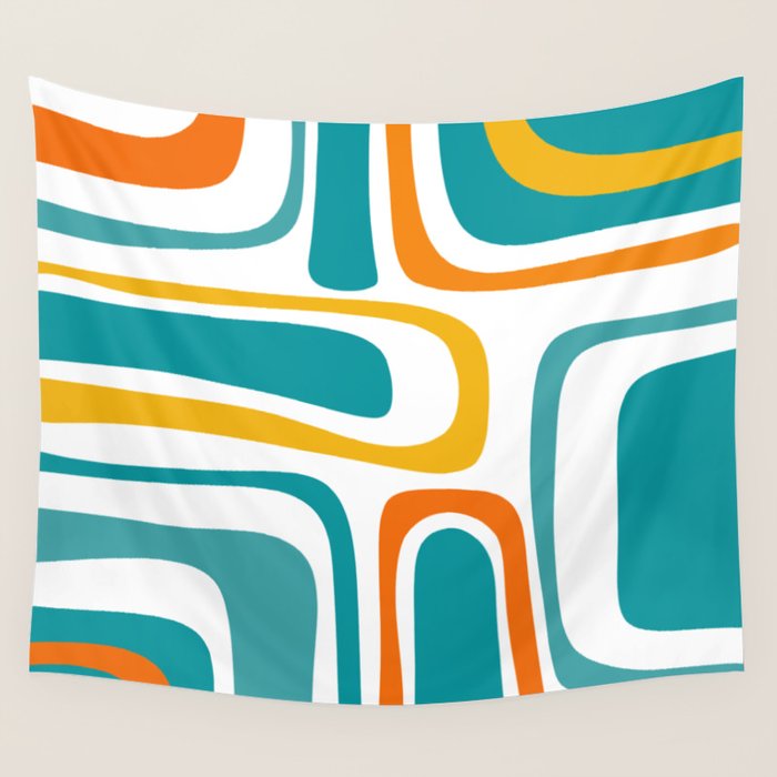 Palm Springs Mid Century Modern Abstract Pattern Orange Mustard Turquoise White Wall Tapestry Gallery Image 4