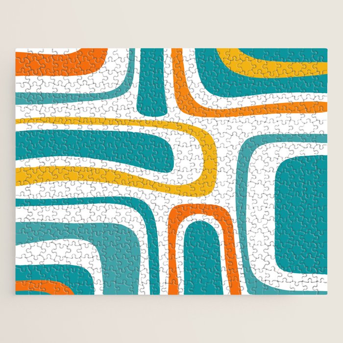 Palm Springs Mid Century Modern Abstract Pattern Orange Mustard Turquoise White Jigsaw Puzzle Gallery Image 1