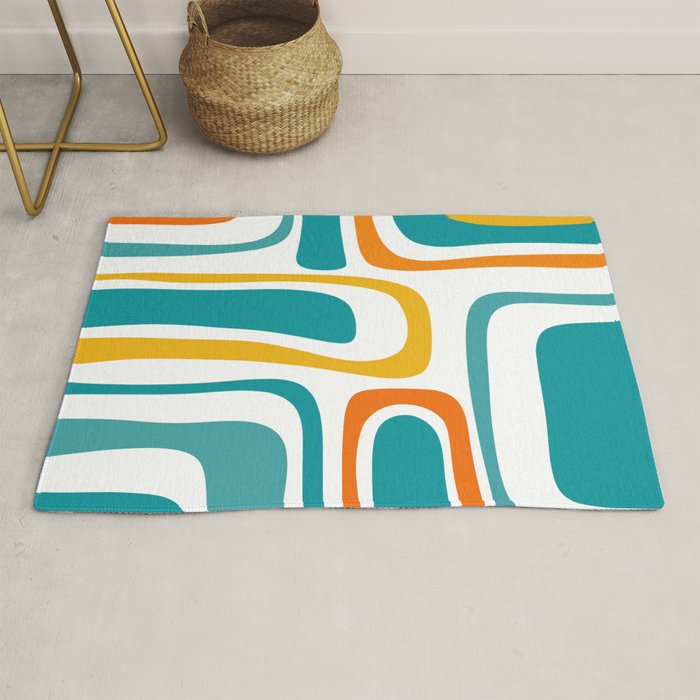 Palm Springs Mid Century Modern Abstract Pattern Orange Mustard Turquoise White Rug Gallery Image 1