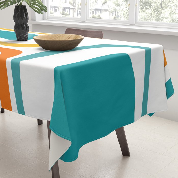 Palm Springs Mid Century Modern Abstract Pattern Orange Mustard Turquoise White Tablecloth Gallery Image 3