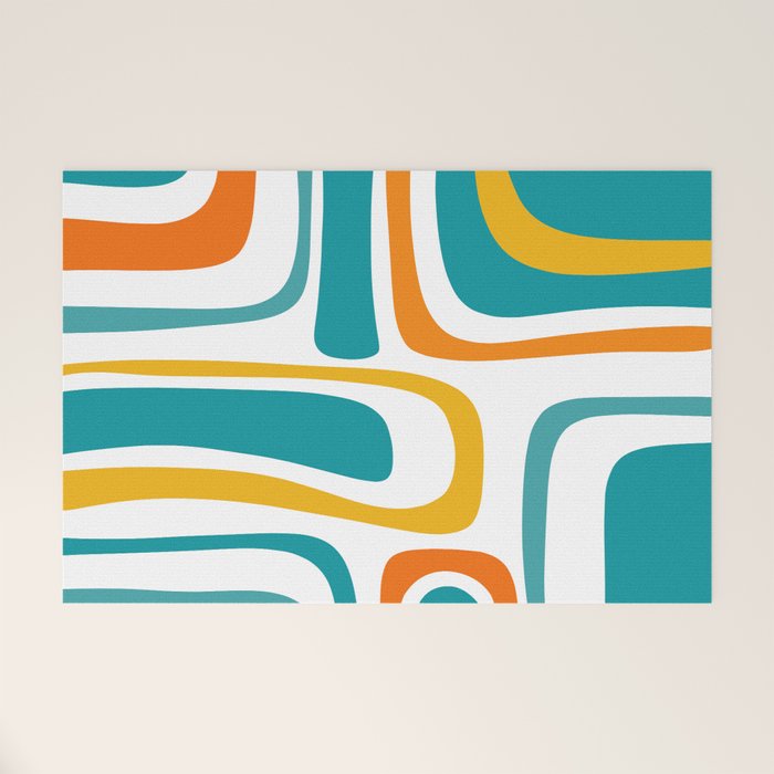 Palm Springs Mid Century Modern Abstract Pattern Orange Mustard Turquoise White Welcome Mat Gallery Image 1
