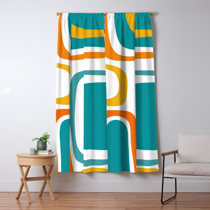 Palm Springs Mid Century Modern Abstract Pattern Orange Mustard Turquoise White Window Curtain Gallery Image 1