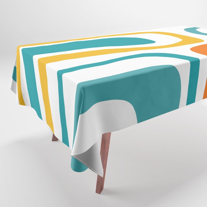 Palm Springs Mid Century Modern Abstract Pattern Orange Mustard Turquoise White Tablecloth Gallery Image 1