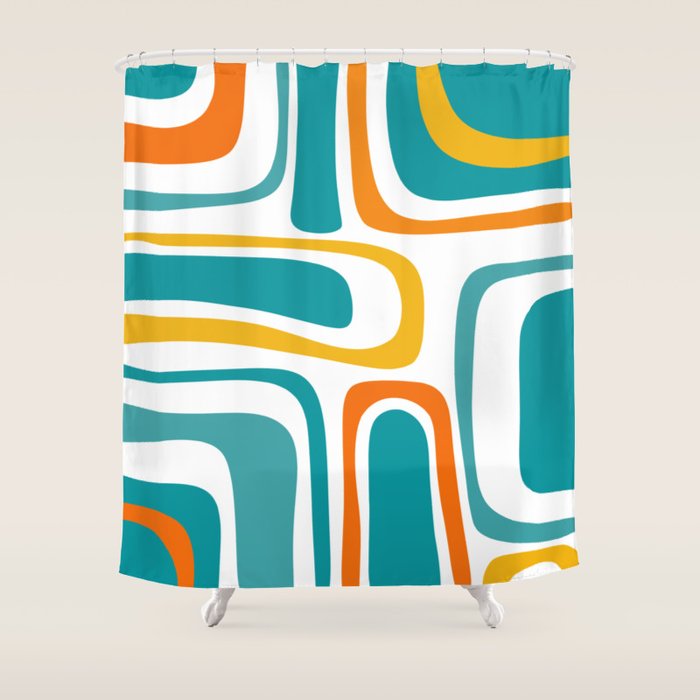 Palm Springs Mid Century Modern Abstract Pattern Orange Mustard Turquoise White Shower Curtain Gallery Image 1