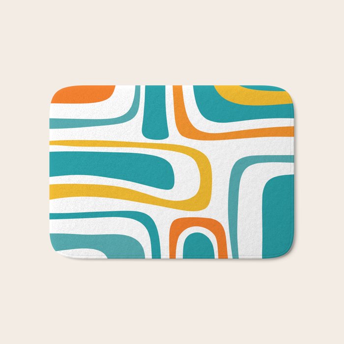 Palm Springs Mid Century Modern Abstract Pattern Orange Mustard Turquoise White Bath Mat Gallery Image 1