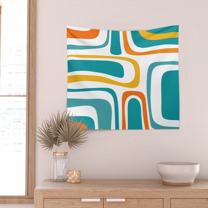 Palm Springs Mid Century Modern Abstract Pattern Orange Mustard Turquoise White Wall Tapestry Gallery Image 2