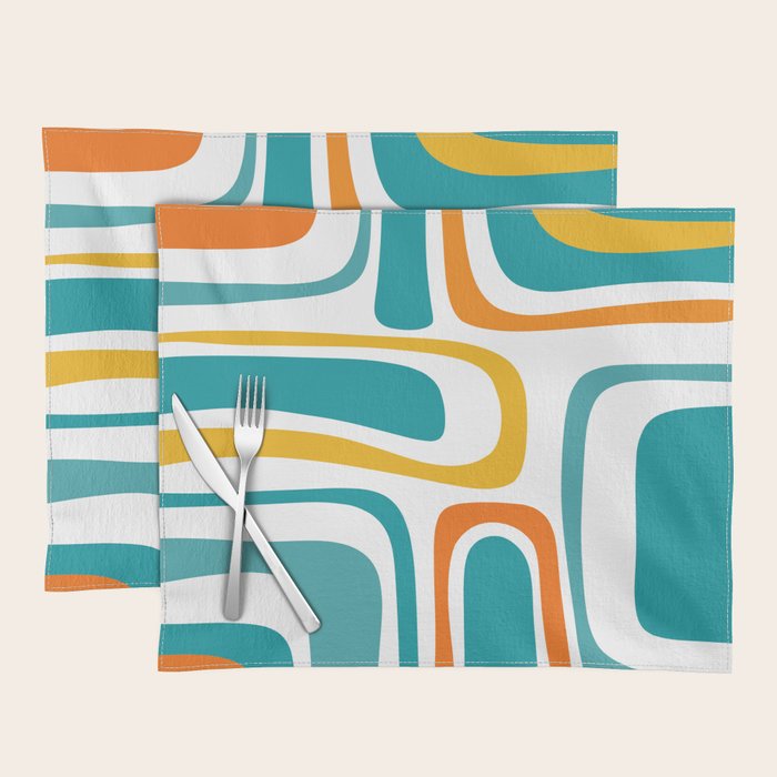 Palm Springs Mid Century Modern Abstract Pattern Orange Mustard Turquoise White Placemat Gallery Image 1