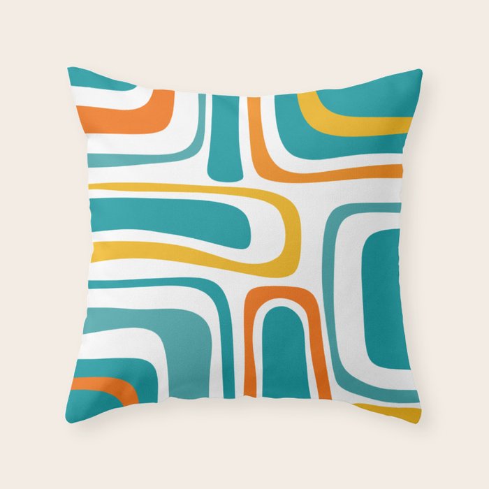 Palm Springs Mid Century Modern Abstract Pattern Orange Mustard Turquoise White Throw Pillow Gallery Image 1