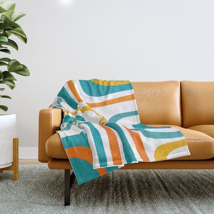 Palm Springs Mid Century Modern Abstract Pattern Orange Mustard Turquoise White Throw Blanket Gallery Image 1