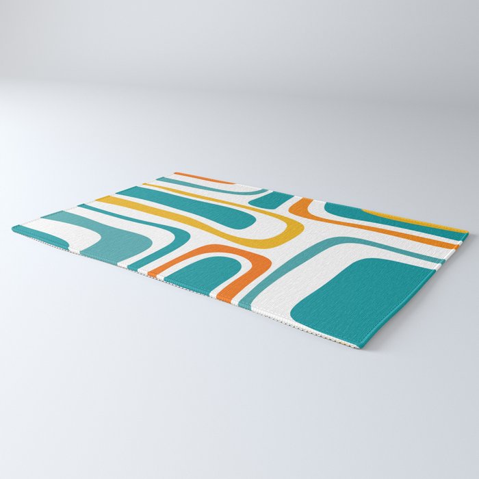 Palm Springs Mid Century Modern Abstract Pattern Orange Mustard Turquoise White Rug Gallery Image 3