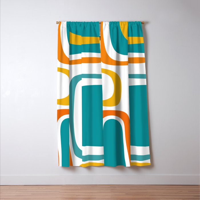 Palm Springs Mid Century Modern Abstract Pattern Orange Mustard Turquoise White Window Curtain Gallery Image 3
