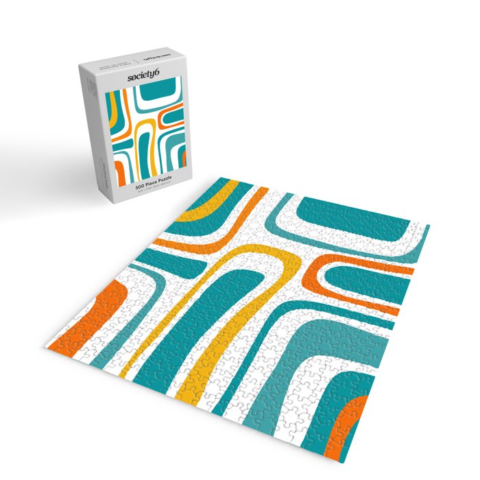 Palm Springs Mid Century Modern Abstract Pattern Orange Mustard Turquoise White Jigsaw Puzzle Gallery Image 2