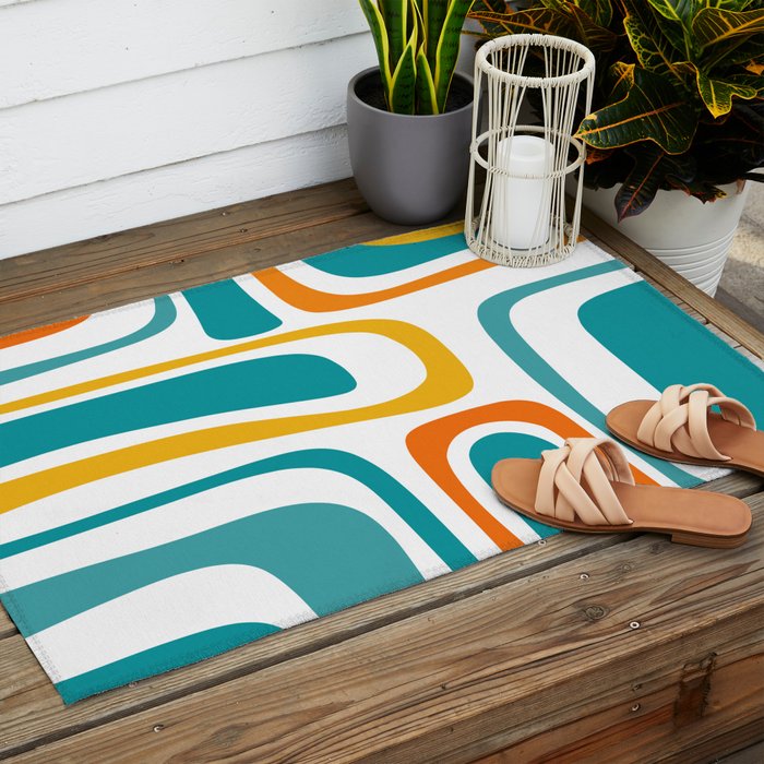 Palm Springs Mid Century Modern Abstract Pattern Orange Mustard Turquoise White Outdoor Rug Gallery Image 2
